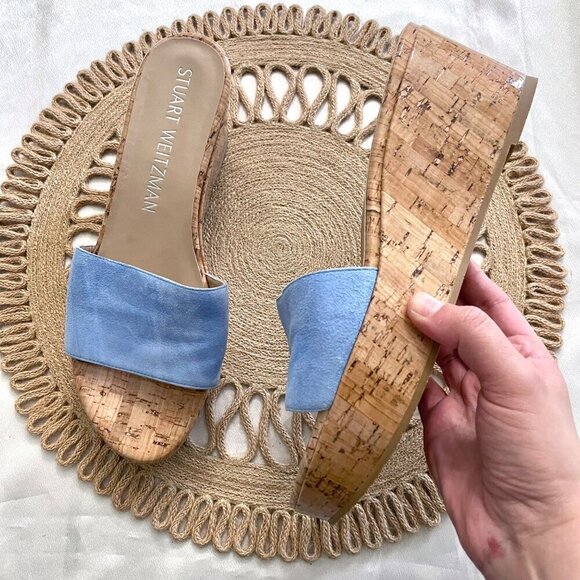 NWOT Stuart Weitzman Blue Suede Summer Wedge Platform Sandals 10B - Picture 1 of 9